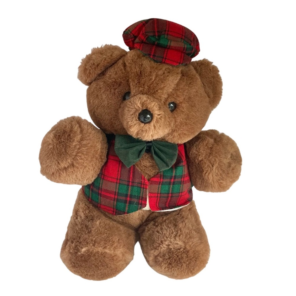 Vtg Deluxe Playthings Musical 16"  Plush Teddy Bear Red And Green Outfit Works!